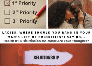 Ladies, Where Should You Rank in Your Man’s List of Priorities? I Say #3…Health #1 & His Mission #2, What Are Your Thoughts?