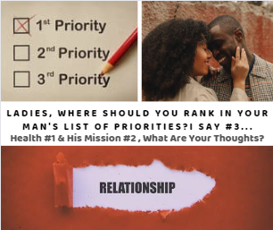 Ladies, Where Should You Rank in Your Man’s List of Priorities? I Say #3…Health #1 & His Mission #2, What Are Your Thoughts?