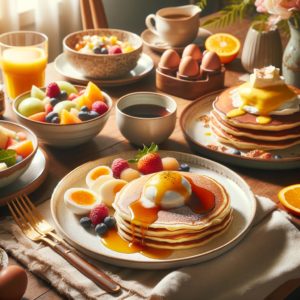 A cozy Sunday brunch setting on a table. The table features a plate of fluffy pancakes topped with syrup and butter another plate with perfectly prep