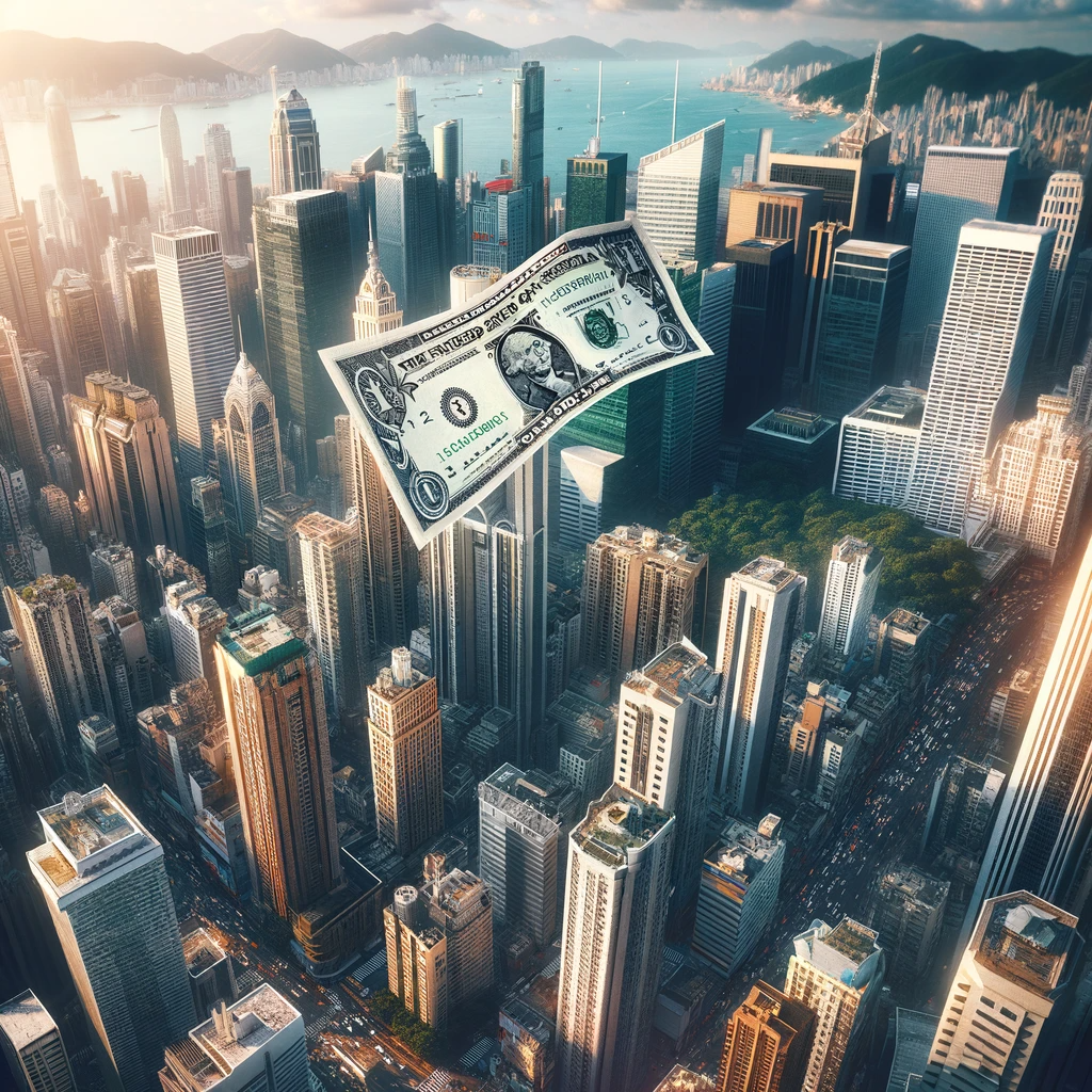 A detailed image of a dollar bill falling gracefully through a bustling cityscape. The city is filled with tall skyscrapers bustling streets and a v