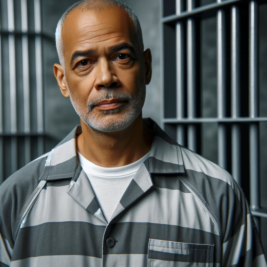 DALL·E 2023 12 14 10.18.42 A middle aged light skinned African American man wearing a prison jumpsuit in a grey jail cell