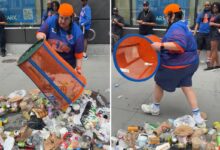 Total trash: wild video shows woman stealing Knicks garbage can and dumping refuse all over the street Total trash: wild video shows woman stealing Knicks garbage can and dumping refuse all over the street